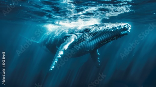 A humpback whale gracefully glides through the ocean waters