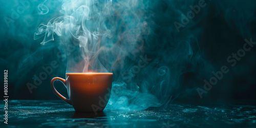 Hot steaming coffee cup background design. Horizontal banner of coffee steaming cup and free space for text. Raster bitmap digital illustration. Photo style. AI artwork. 