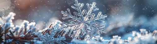 A closeup of a snowflake, revealing the delicate crystal structure and intricate branching patterns 