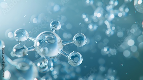 A closeup of a water molecule with two hydrogen atoms orbiting a central oxygen atom, rendered in a scientific style with clear labeling 