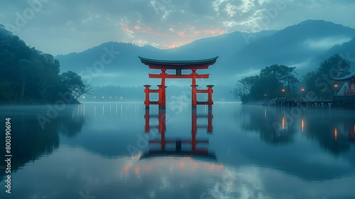 Twilight Reflections: Shrine Gate by the Lake, generative ai