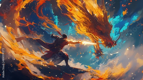 A man bravely holds a sword in front of a menacing fire breathing dragon, ready for battle