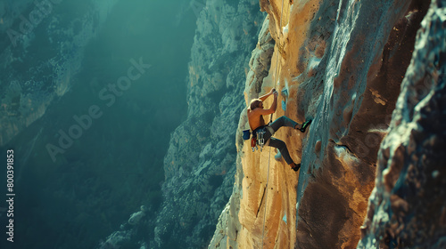 A rock climber conquering a sheer cliff face with determination and skill. Epic shot.