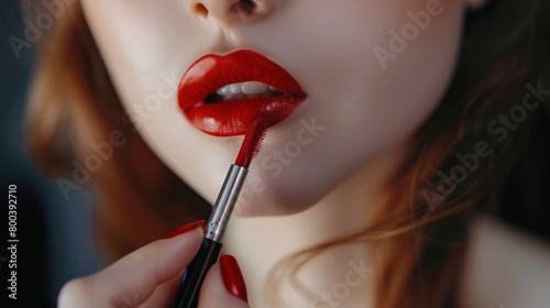 A makeup artist applying red lipstick to a beautiful woman's lips, with the hand of the makeup artist seen painting the lips of the young model.