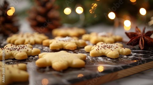Festive Holiday Cookie Cutouts on Dark Marble Surface, generative ai