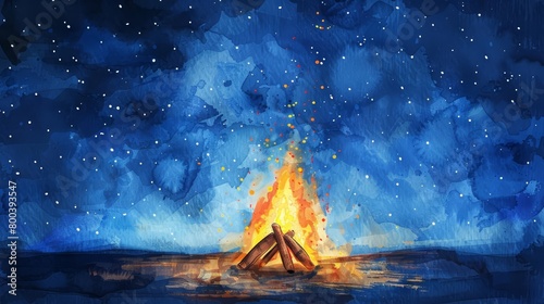 A beautiful watercolor painting of a campfire at night. The fire is crackling and the stars are twinkling. The deep blue sky is filled with stars.