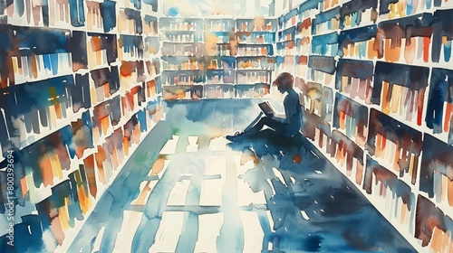 Watercolor painting of a girl reading a book in a library