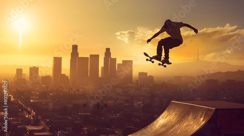 A skateboarder executing a mid-air trick above an urban landscape. Epic shot.