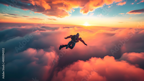 A skydiver freefalling through the clouds with a vibrant sunset in the background. Epic shot.