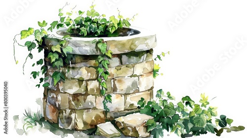 Aquarelle of a stone well overgrown with green ivy.
