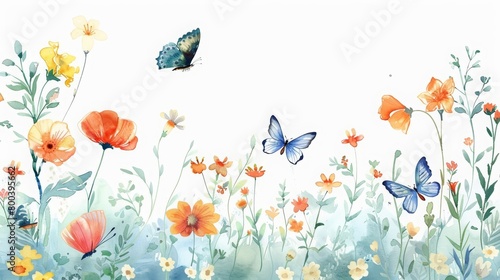 Aquarelle painting of a meadow with flowers and butterflies. The flowers are mostly orange, yellow and blue. The butterflies are blue and yellow.