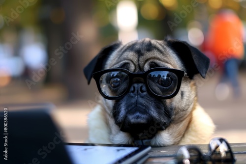 A pug dog with glasses on its face attentively gazes at a laptop screen in a focused manner