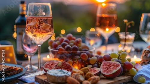 Beautiful table full of wine, cheese and snacks at dusk