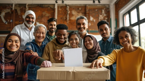Diverse group placing votes in a ballot box for democracy on International Democracy Day. International Day of Democracy, September 15