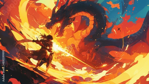 A person standing in front of a fierce fire breathing dragon, looking determined and ready for battle