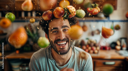 Enjoyable cooking is taking place as a young, smiling man prepares food in the kitchen, surrounded by airborne food, fruits, and vegetables. Fun cooking.