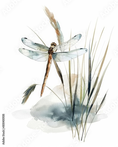 A watercolor painting of a dragonfly perched on a stalk of grass