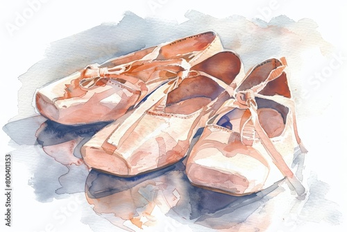  A beautiful watercolor painting of a pair of ballet slippers