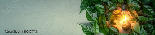 an incandescent lamp on an isolated background covered with plant leaves. The concept of the problem of ecology and energy conservation. Banner, place for text
