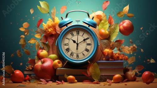 A vintage clock is surrounded by a bountiful autumn arrangement of fruits and fallen leaves, reminiscent of harvest and the passing of time