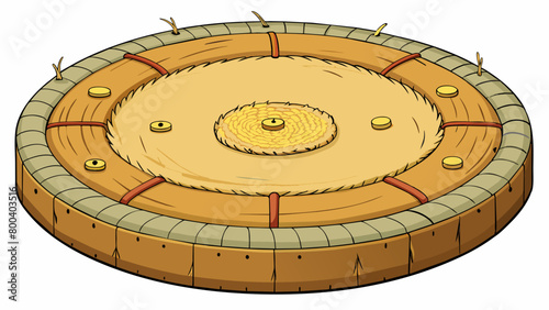 A circular board made of sisal fibers with metal wires forming sections and numbers etched onto the surface. The center is marked by a small ring and. Cartoon Vector.