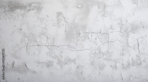 A detailed shot of a textured white wall showing the natural aging process with cracks and peeling paint