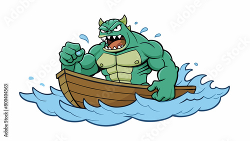 A hulking mass of muscle and teeth emerges from the waves its massive claws through the hull of a boat as it drags it towards its gaping maw. Its eyes. Cartoon Vector.