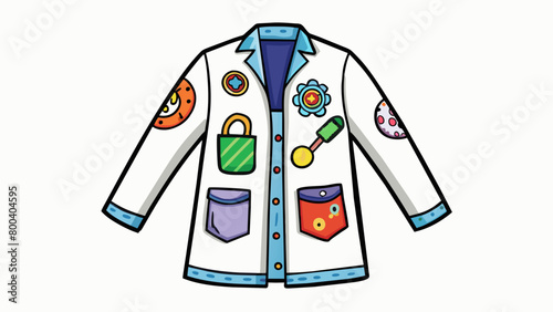A lab coat covered in patches of different textures and patterns from soft plush material to shiny sequins. Each patch is embroidered with the name of. Cartoon Vector.