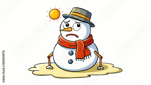 A melting snowman with a frowning face slumping over sideways as the warm sun beams down on him causing his scarf and hat to slide off. on white. Cartoon Vector.