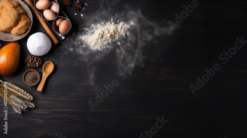 A dark, atmospheric shot showing key baking ingredients like flour, eggs, and spices on a rich, black wooden surface for a dramatic effect
