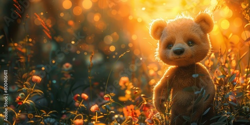 Teddy bear sitting on the grass in the meadow at sunset.