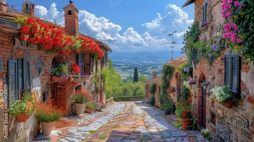Historic Buildings and Flower Baskets in Tuscany, generative ai