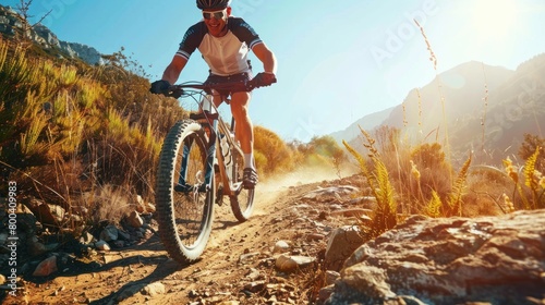 An extreme mountain bike sport athlete man riding outdoors on a lifestyle trail, showcasing the exhilaration and thrill of outdoor sports.