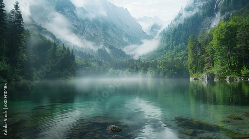 A beautiful lake surrounded by mountains with a foggy mist in the air