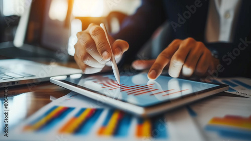 people working together. Digital Data Analysis: Businessman Examines Sales Data and Financial Reports on Tablet for Strategic Planning