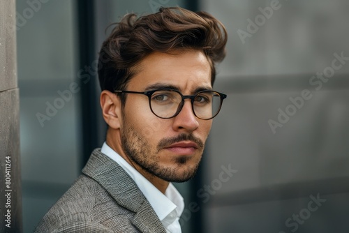 Close up portrait of young successful businessman, thinking serious concentrated man looking at camera outside office building, wearing suit and, Generative AI