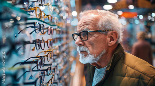 an elderly man with glasses on the background of a showcase with eyeglass frames. Optics store for the elderly