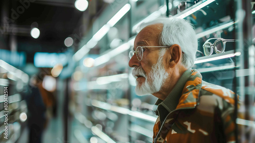 an elderly caucasian man with glasses on the background of a showcase with eyeglass frames. Optics store for the elderly. vision correction for the elderly
