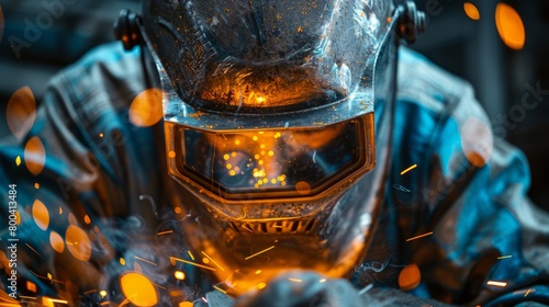 Detailed welder portrait, welding sparks reflecting on the visor