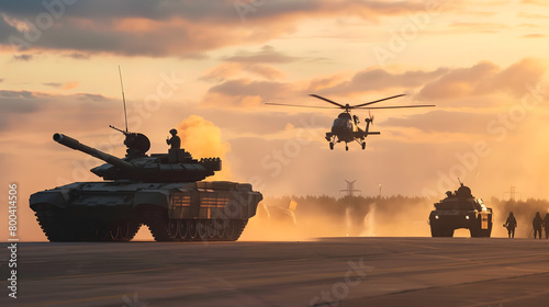 Silhouettes of military army an armored personnel carrier tank and helicopter