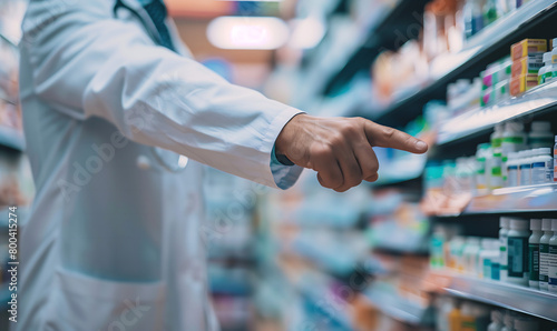Male doctor pharmacist hand pointing with finger recommending medicine drugs in pharmacy store.