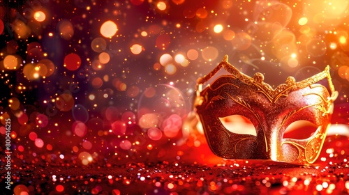Elegant masquerade mask on a glittering red background. Festive and mysterious atmosphere. Perfect for party invitations and holiday celebrations. AI