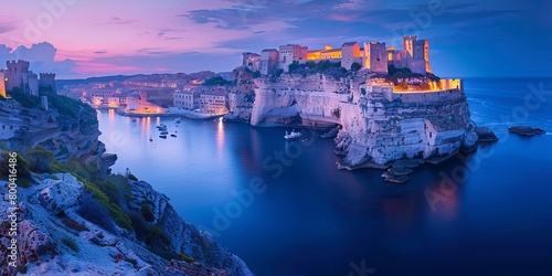 Twilight descends on Bonifacio as the illuminated citadel and harbor of Corsica, France, shine against the night sky, surrounded by the rugged coastline