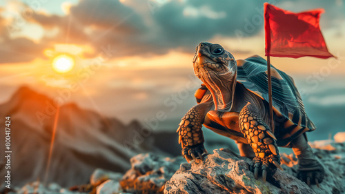 Turtle conquers top of mountain with red flag and sunflare , Funny animal concept .