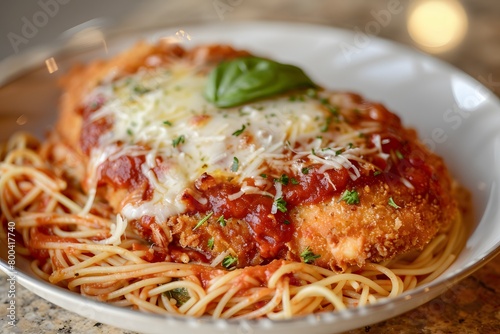Cheesy chicken parmigiana over spaghetti garnished with basil