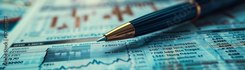 A dynamic shot capturing the moment a pen hovers over a printed financial graph with an upward trend, on a desk cluttered with market research and financial newspapers, highlighting the meticulous ana