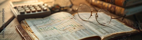 A poignant closeup of a weathered financial journal opened to a page with a handdrawn upward trend line chart, next to a vintage calculator and glasses, evoking nostalgia for traditional methods of st