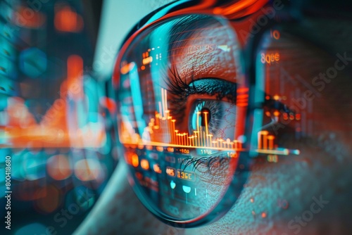 A vibrant photograph of a financial analysts eye reflected in a screen displaying a graph with an upward trend, symbolizing the keen observation and foresight required to navigate the complexities of 