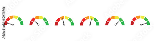 Risk meter icon set. Risk concept on speedometer. Set of gauges from low to high. Vector illustration.
