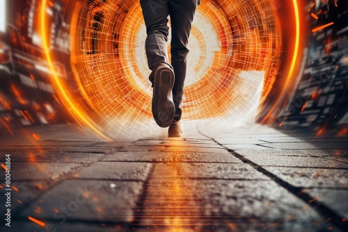 Person walking into a glowing digital tunnel, giving a sense of motion and futuristic travel, revolution concept